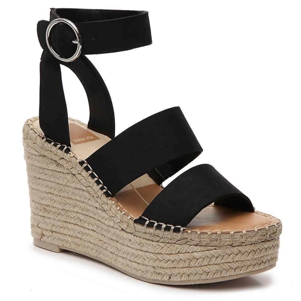 Dolce Vita Shae Espadrille Platform Wedge Sandal Black Suede Size 8 Ankle Strap